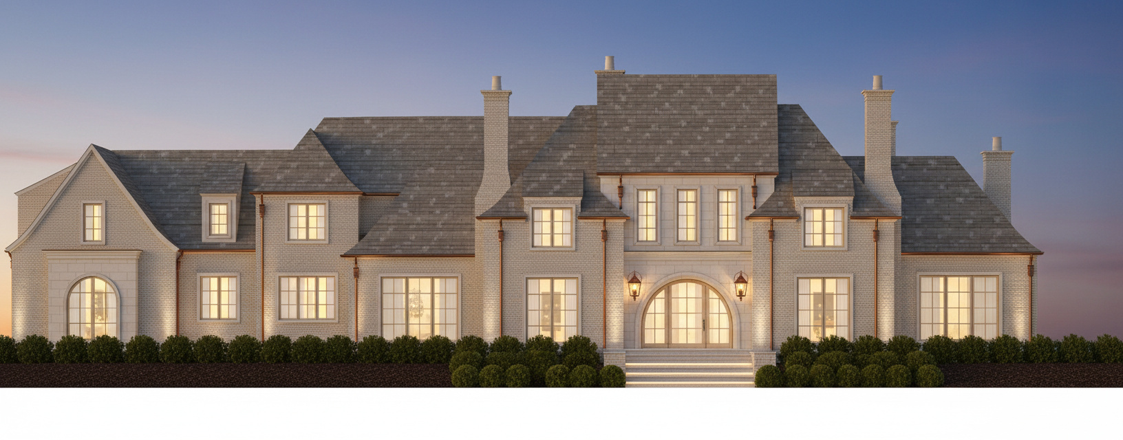 Front elevation of the third residence at dusk.
