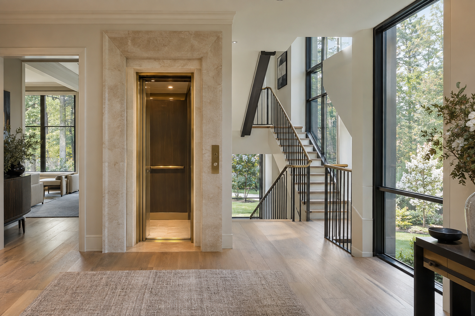 An open residential elevator framed in warm limestone faces a wide white oak landing beside a staircase and windows overlooking Piedmont greenery.