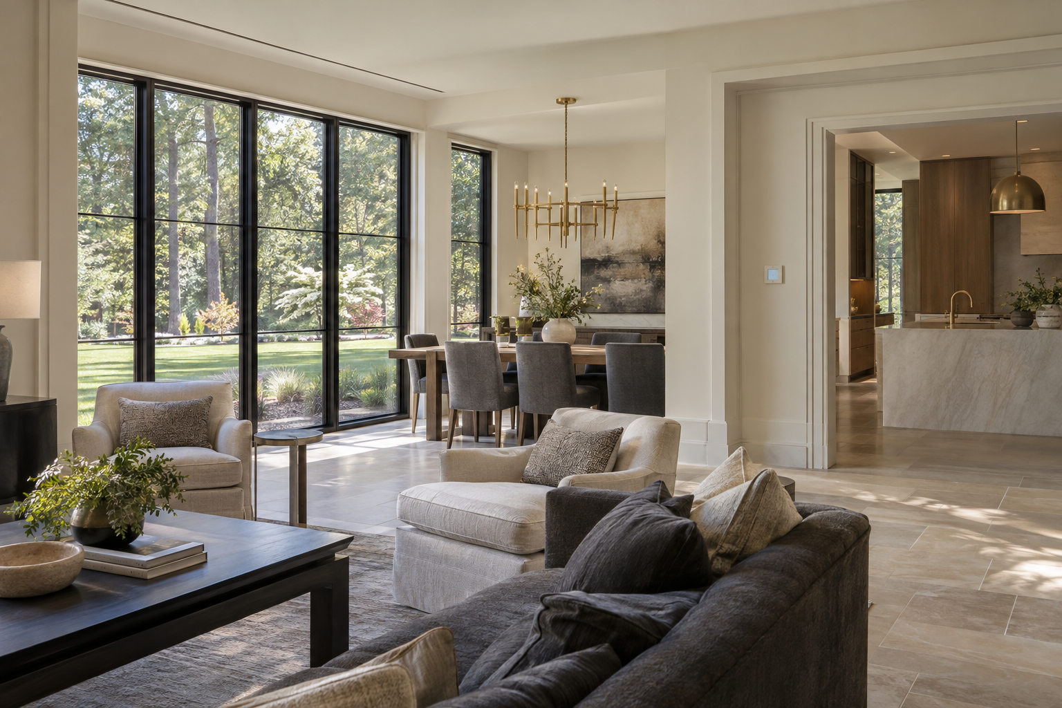 A light-filled living and dining interior with white oak cabinetry, limestone flooring, a discreet ceiling air slot and a small wall control overlooking a flat wooded lawn.
