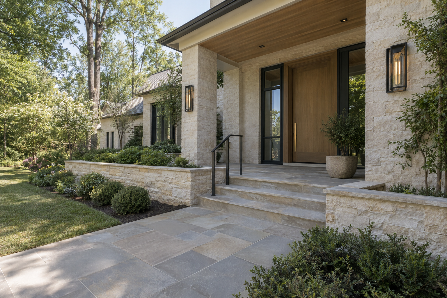 A stone walk passes a low limestone wall and shallow steps toward a covered porch with a recessed wood door, framed by Piedmont trees and lawn.