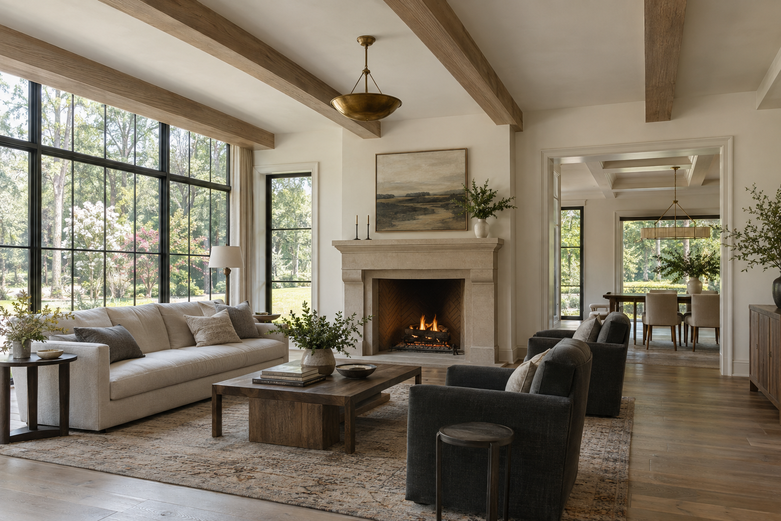 White oak beams cross a pale plaster living room ceiling beside a limestone fireplace, with shallow dining room coffers visible through a broad doorway.
