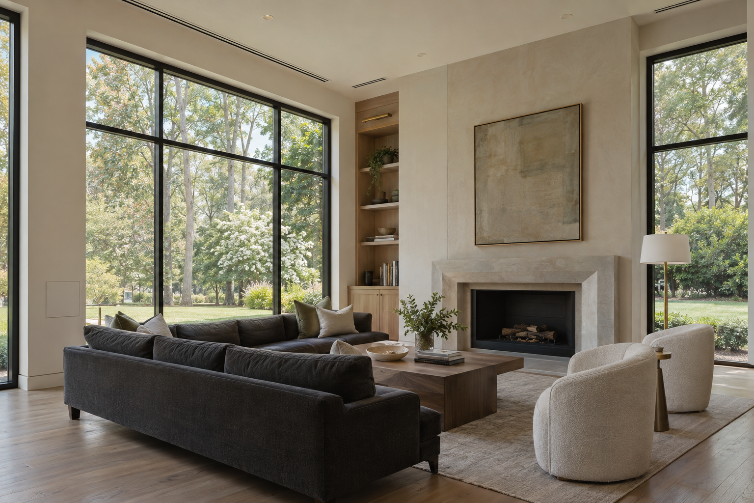A living room with white oak floors, a limestone fireplace, discreet ceiling vents, and large windows overlooking a flat lawn and mature trees.