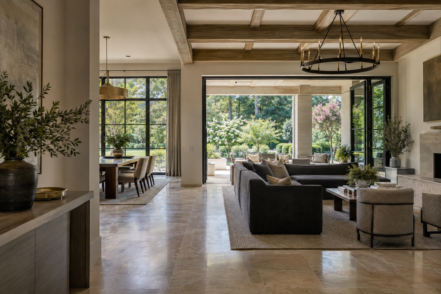 An entry gallery opens to a limestone-floored living area with white oak cabinetry, a covered terrace and a garden of mature trees.