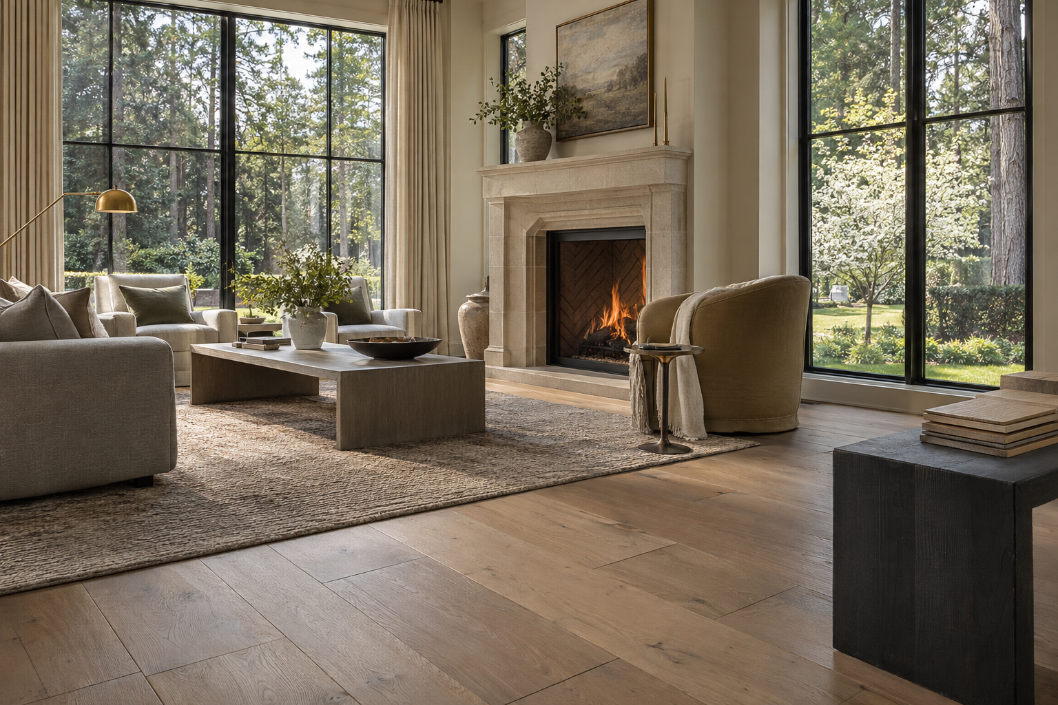 Wide white oak floorboards extend across a living room with a limestone fireplace, with matching flooring samples stacked on a low charcoal bench.