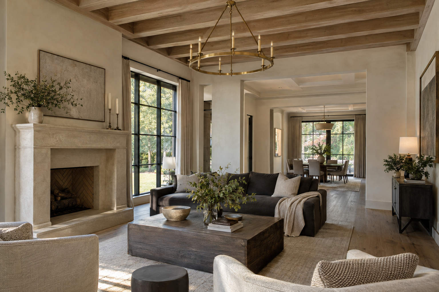 White oak ceiling beams frame a living room with a limestone fireplace, beside a flat-plaster passage leading to a dining room with shallow coffers.