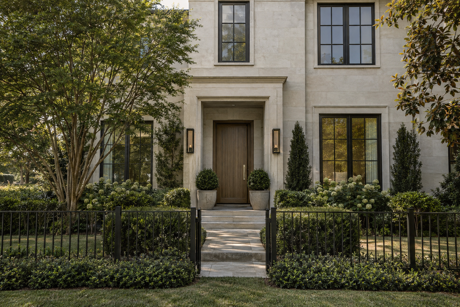 A limestone-accented residence with a sheltered oak entrance, low dark metal fence, and landscaped garden beneath mature Piedmont trees.