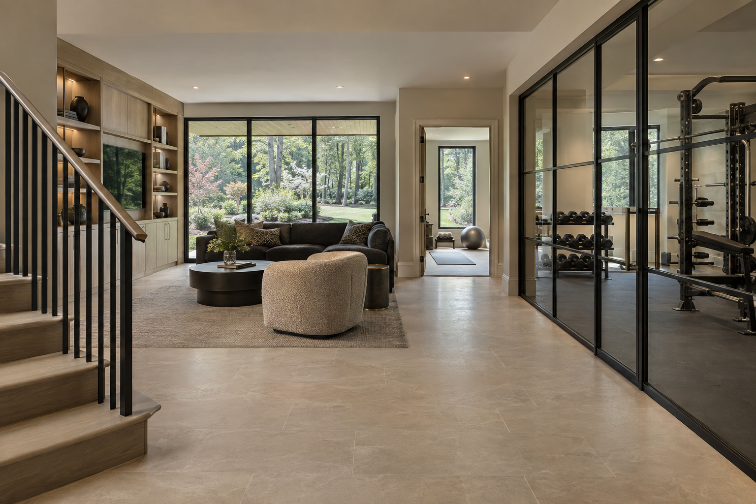 Daylit lower-level lounge with white oak cabinetry and charcoal seating beside a glass-enclosed gym overlooking a lawn and mature trees.