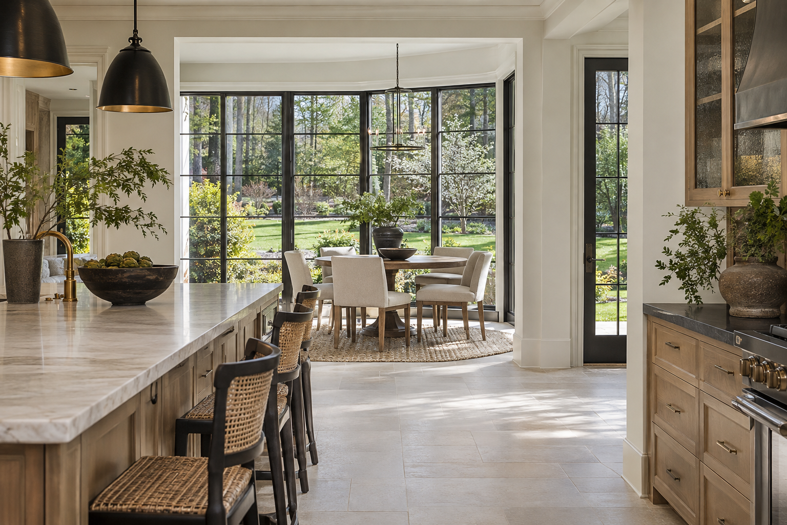 Daylit kitchen with a pale stone island, white oak cabinetry and limestone flooring beside a breakfast area overlooking mature trees.