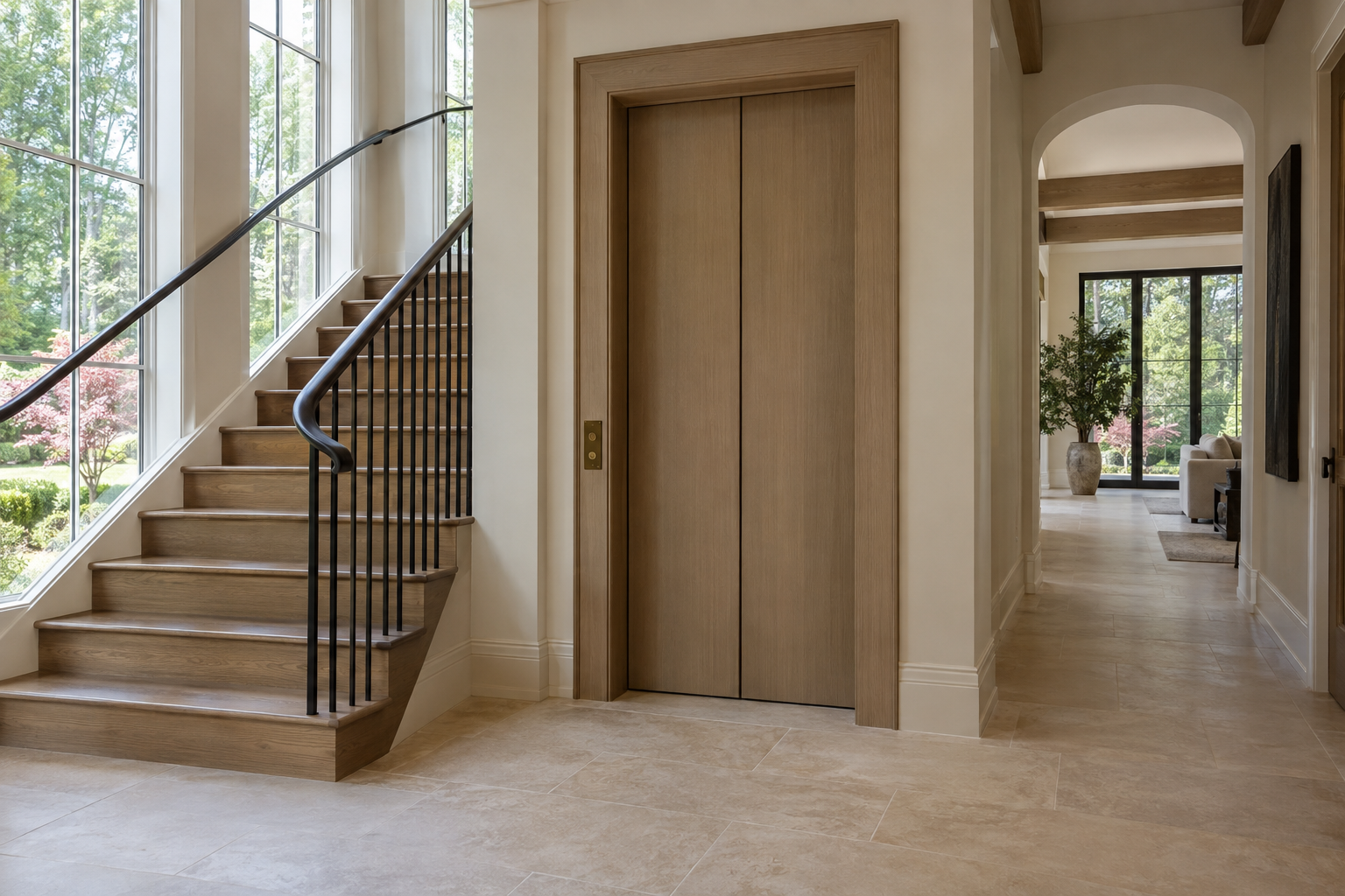 A white oak elevator surround opens onto a limestone-floored hall beside a staircase, with tall windows overlooking lawn and mature trees.
