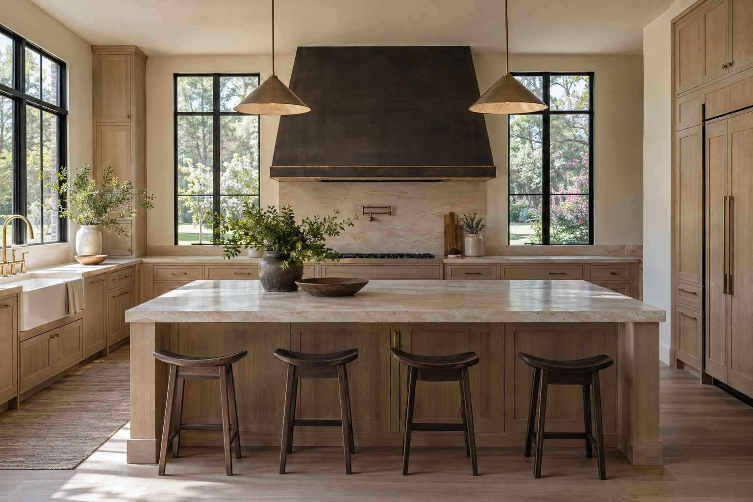 A white oak kitchen with a broad plaster ventilation hood, limestone surfaces and integrated appliances overlooks a lawn and mature trees.
