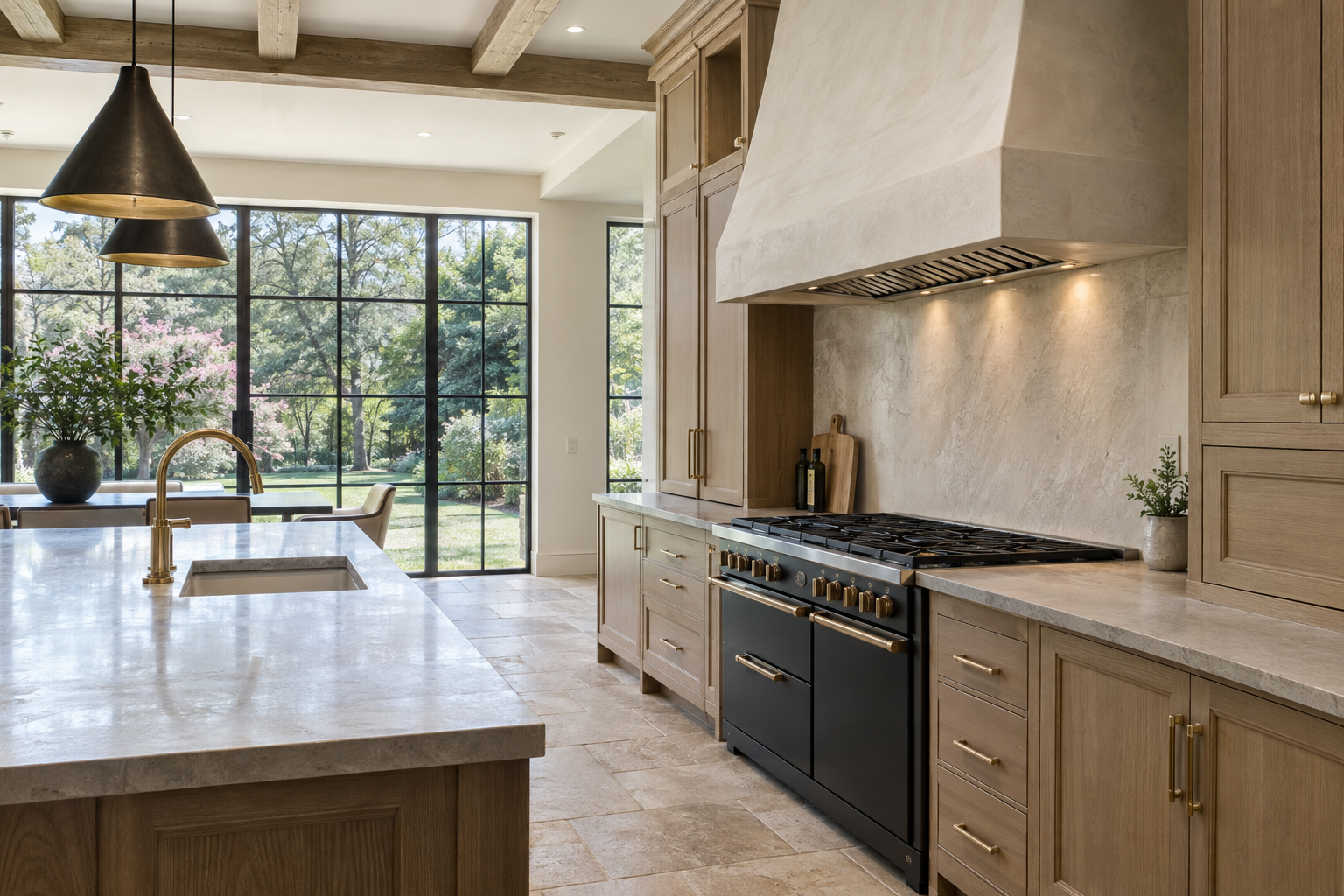 White oak kitchen with an integrated plaster ventilation hood, pale stone counters and broad windows overlooking a level lawn and mature trees.