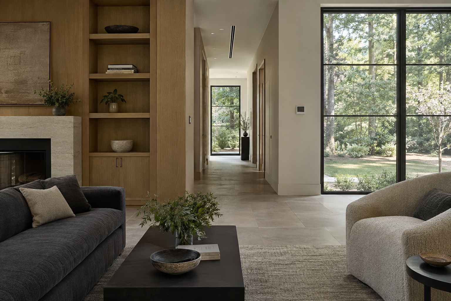 A sitting room with white oak cabinetry, limestone flooring, a discreet ceiling air slot and a small wall control overlooks a tree-lined lawn.