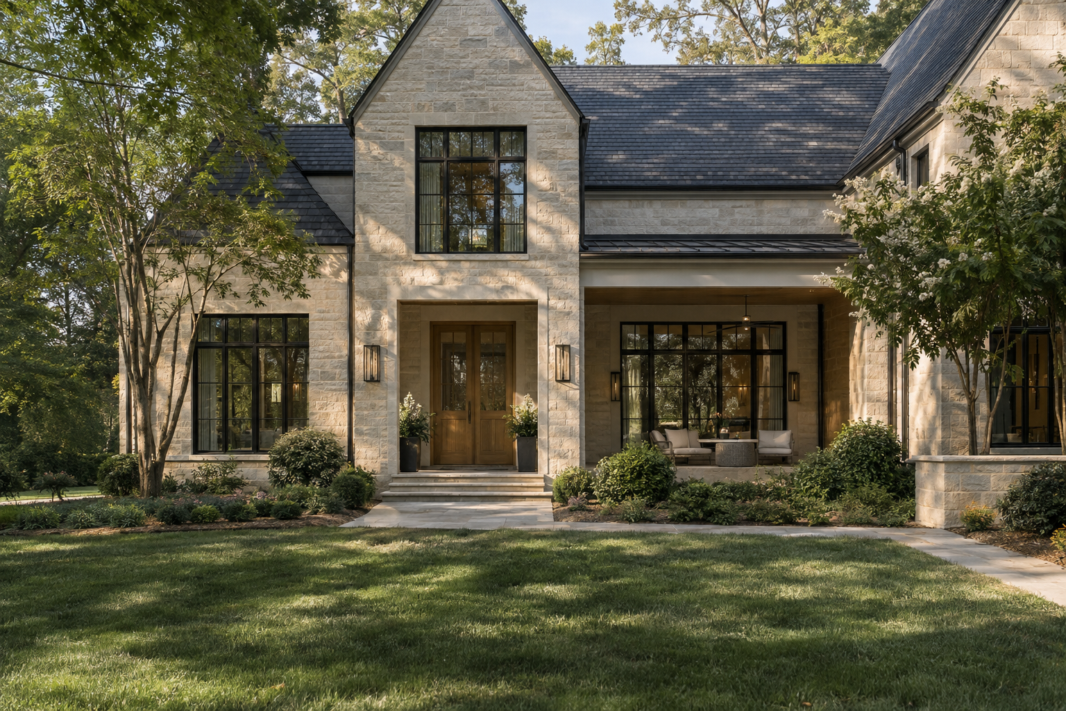A limestone residence with a sheltered entrance and terrace sits beside a fescue lawn framed by mature trees in soft afternoon light.