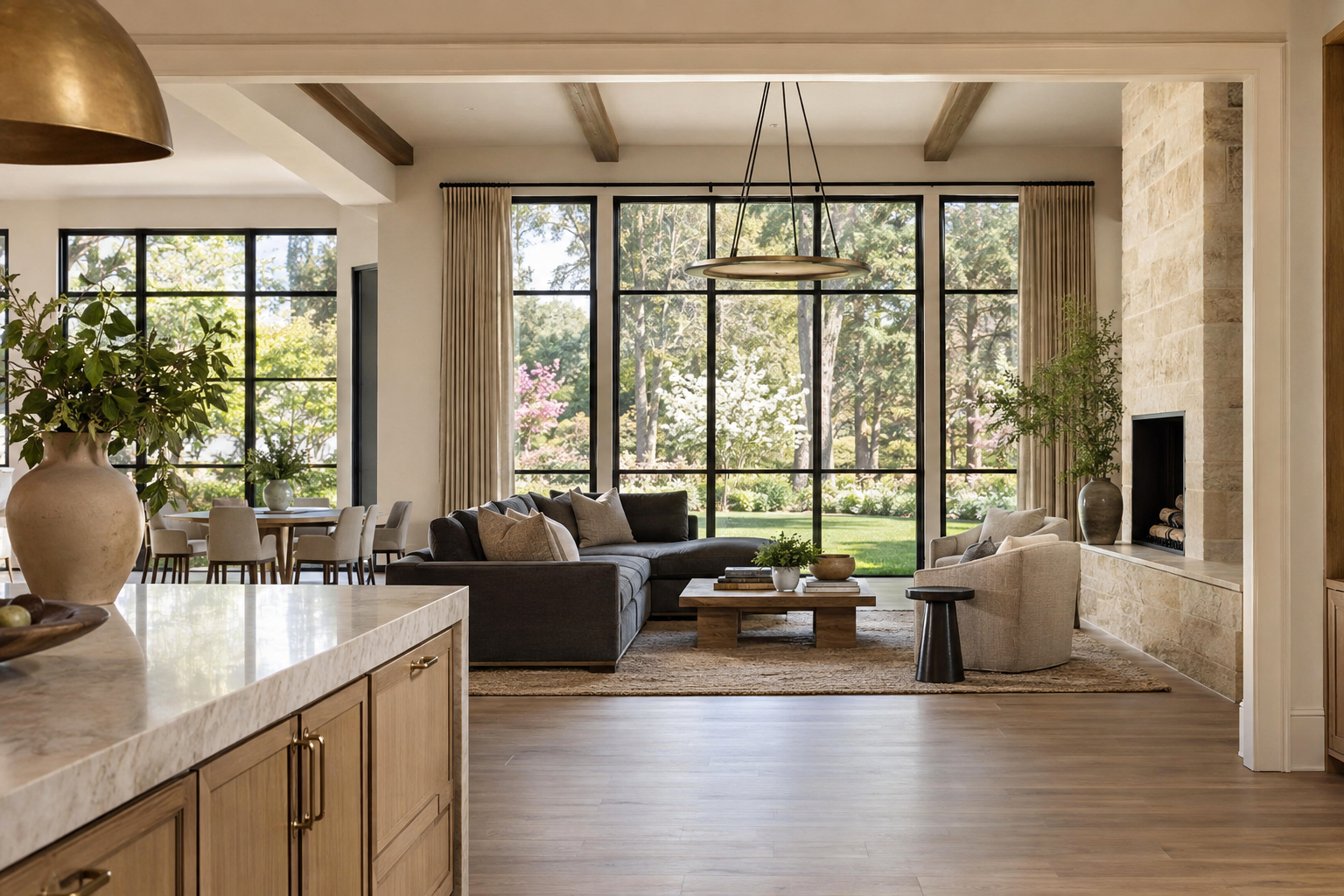 Daylight falls across white oak floors and warm limestone in a living room viewed from the kitchen, with mature trees visible through tall windows.
