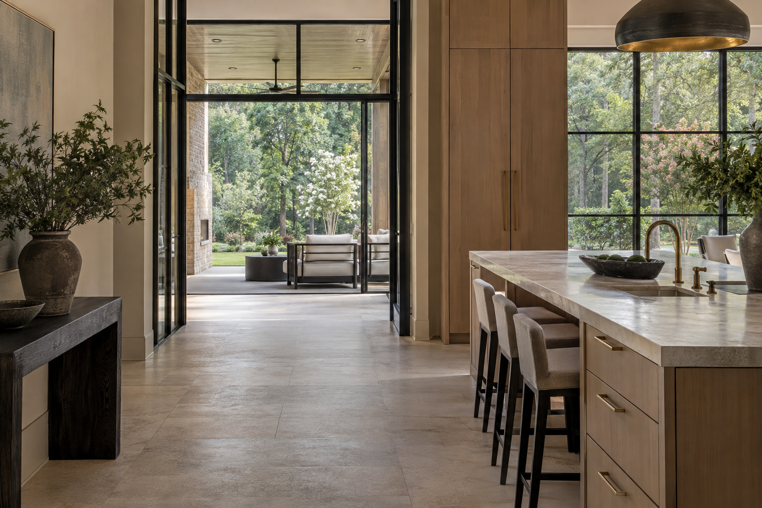A finished white oak kitchen and limestone-floored entry open toward a covered terrace overlooking a flat lawn and mature Piedmont trees.