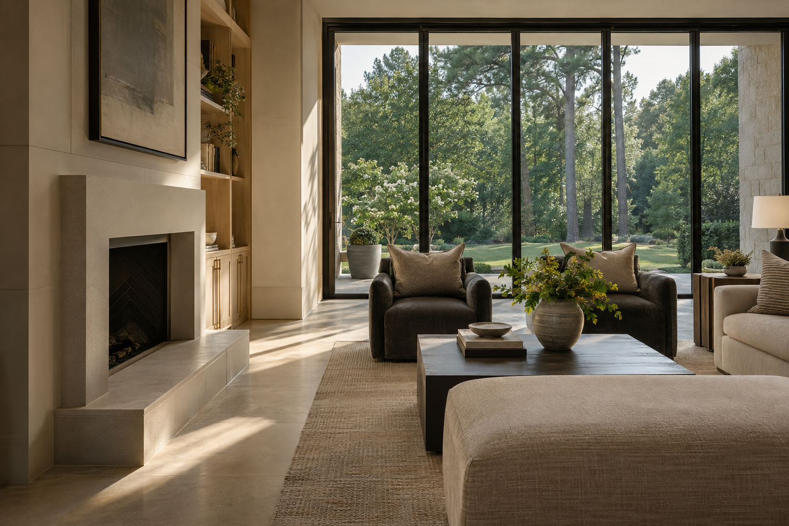 Low afternoon sunlight crosses a limestone living room floor beside white oak millwork, with shaded seating and a leafy Piedmont garden beyond the windows.