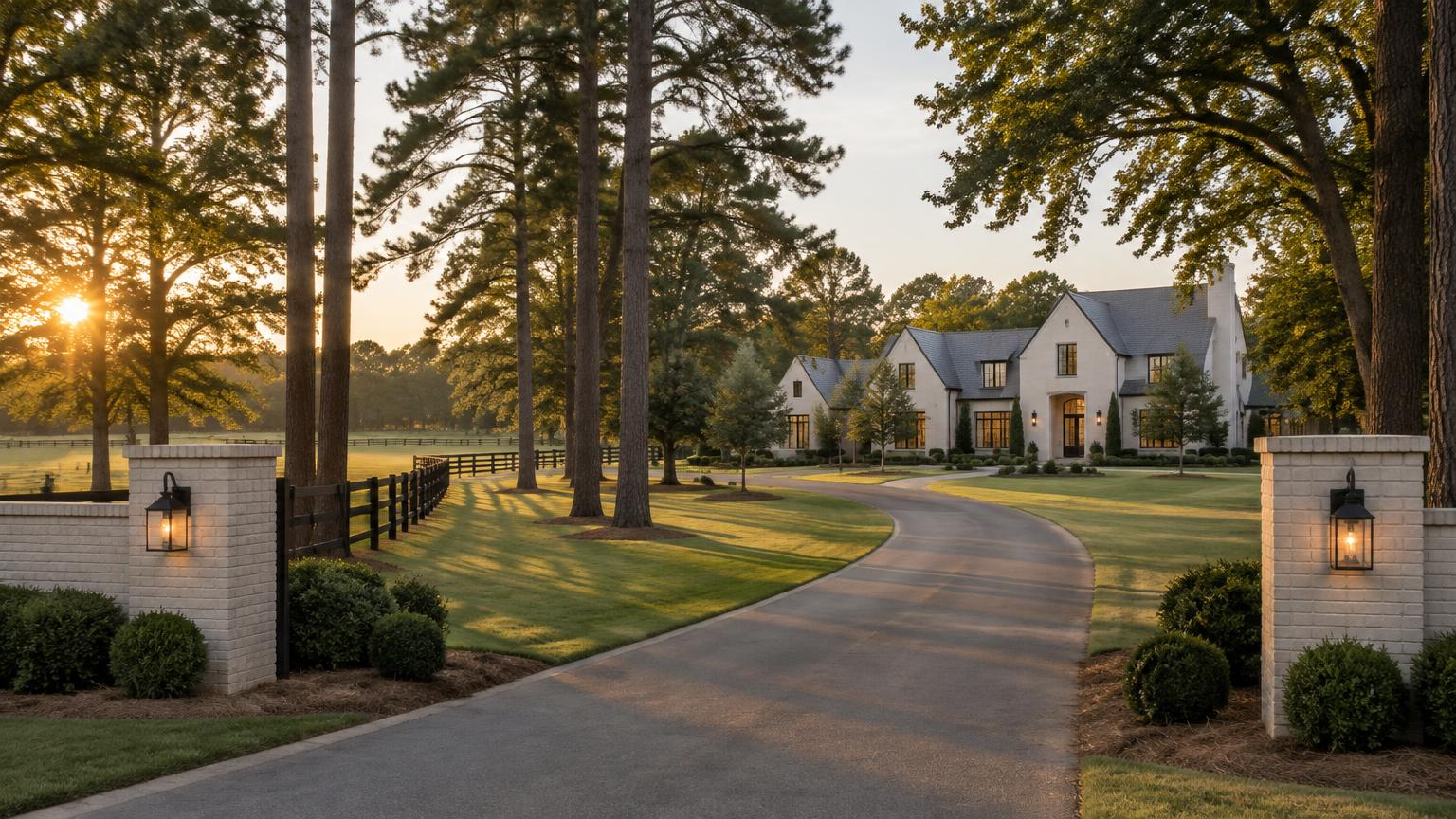 A limestone residence with dark window frames and a covered terrace overlooks a fescue lawn bordered by mature trees in soft afternoon light.