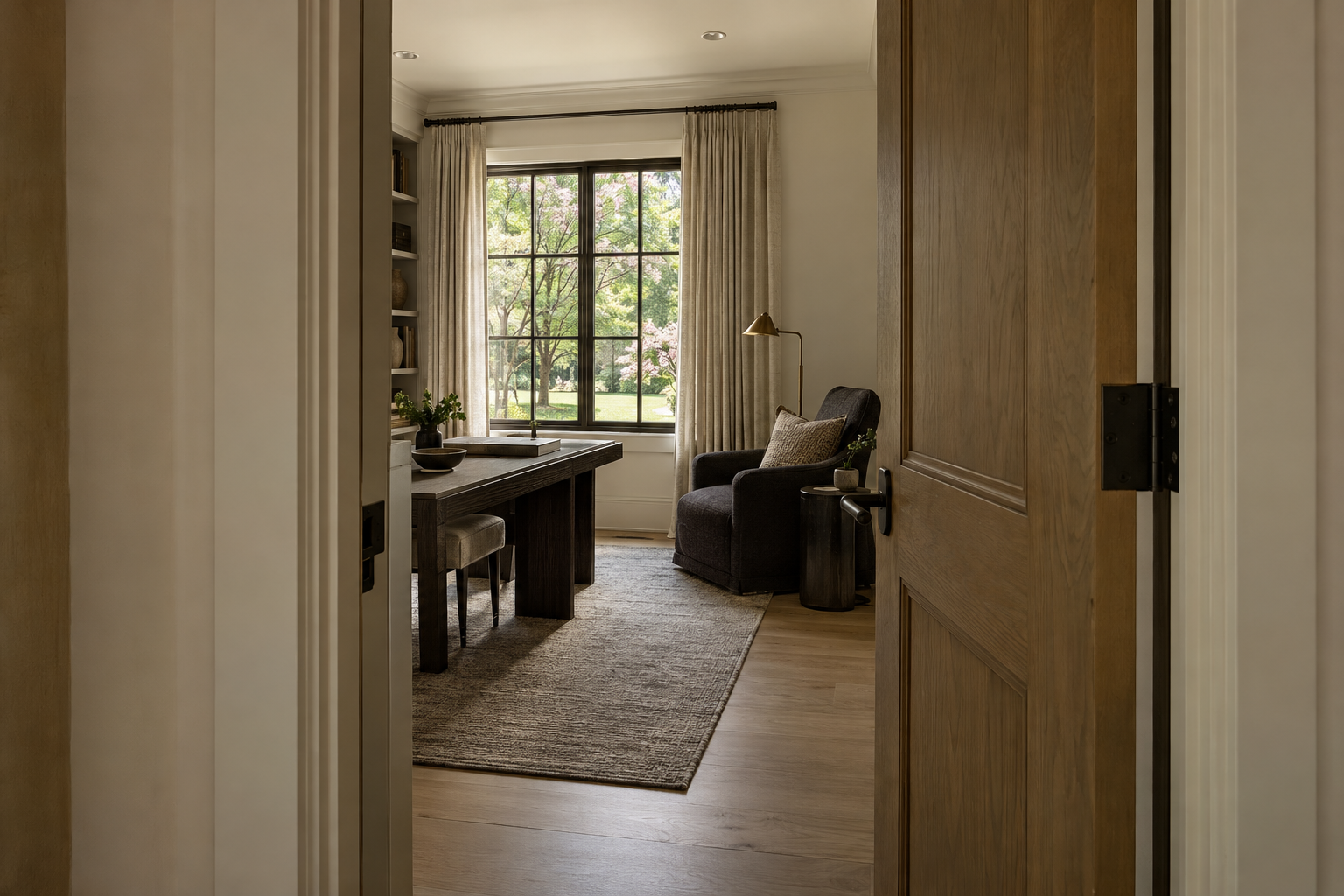 A white oak doorway opens into a study with a wool rug, upholstered chair and linen curtains overlooking a lawn and mature trees.