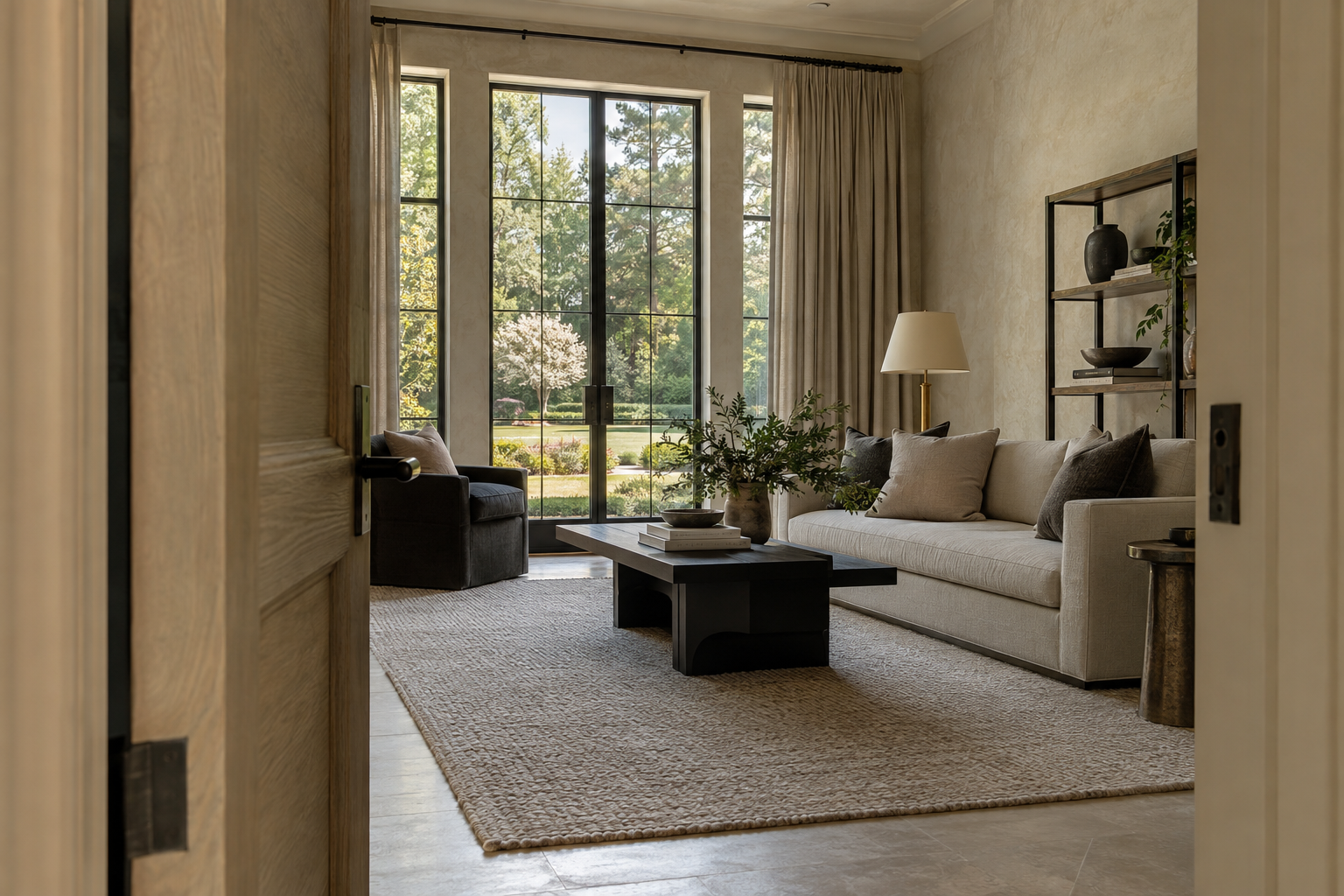 An open white oak door frames a sitting room with upholstered seating, a wool rug, lined curtains and windows overlooking a level lawn and mature trees.