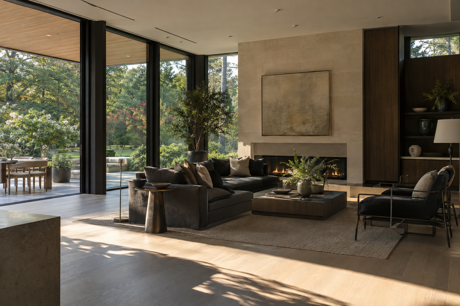 Late-afternoon sunlight crosses a white oak gathering-room floor beside shaded seating, with a covered limestone terrace and Piedmont trees beyond the windows.