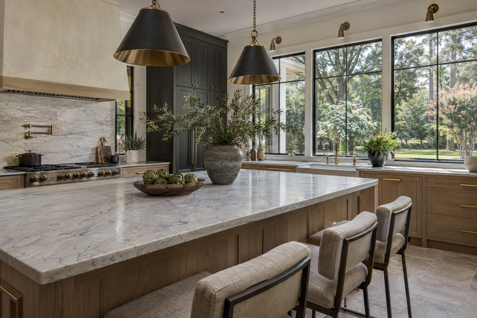Lateral daylight illuminates the gray veining and eased edge of a honed stone kitchen island surrounded by white oak cabinetry and limestone flooring.
