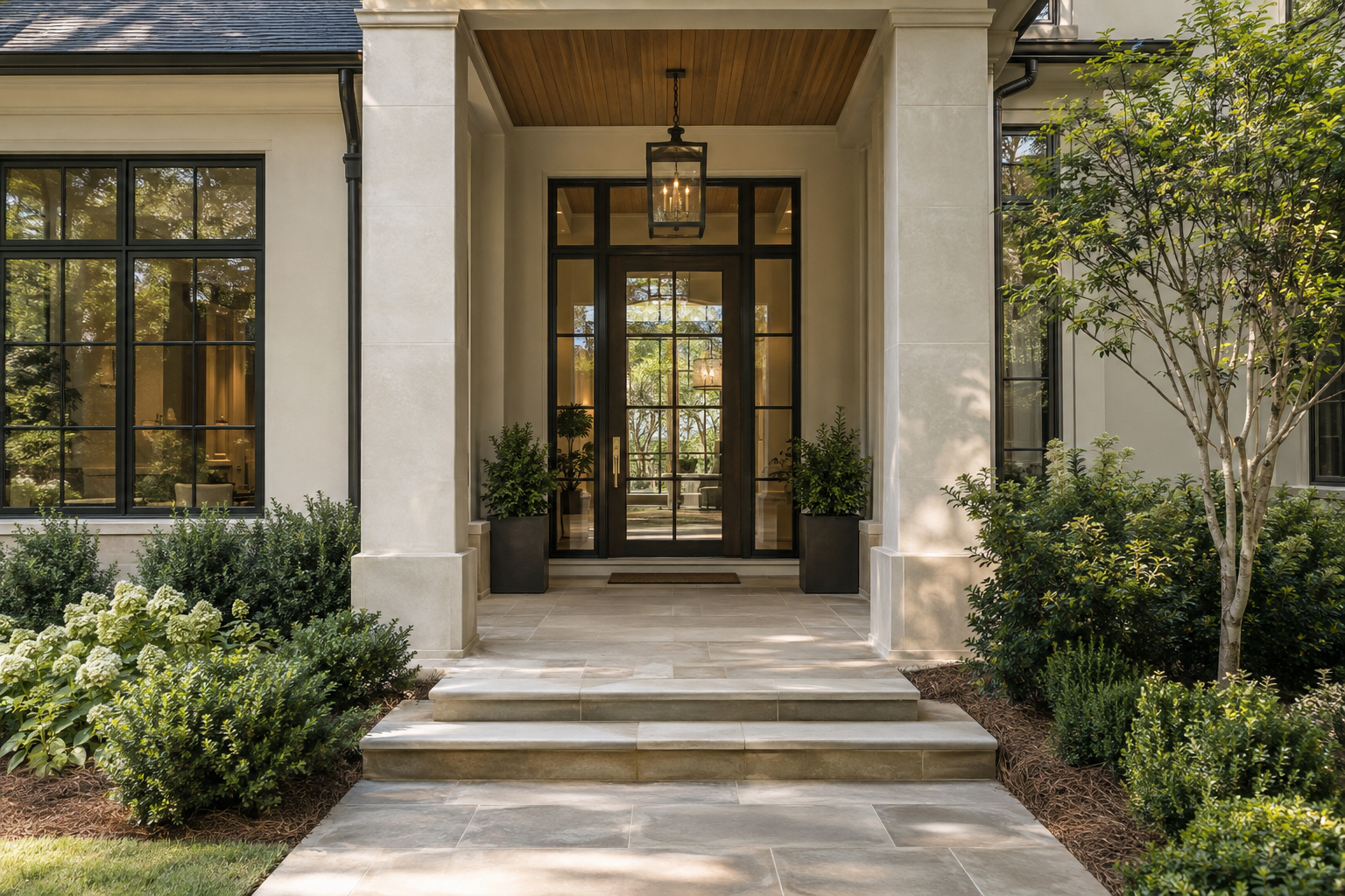 A limestone walk rises by two shallow steps to a covered entrance framed by dark metal details, layered planting and mature Piedmont trees.