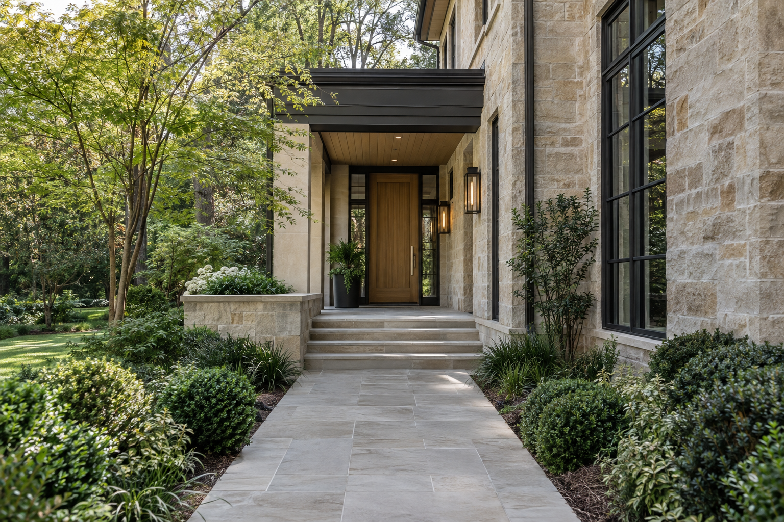 A stone walk and broad steps lead past a low limestone wall to a sheltered oak entrance surrounded by Piedmont trees and lawn.