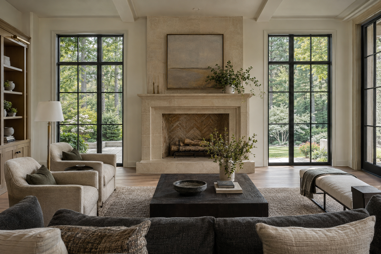 A broad living room with tall aligned windows, a quiet pale ceiling, a limestone fireplace and low seating overlooks a lawn and mature trees.