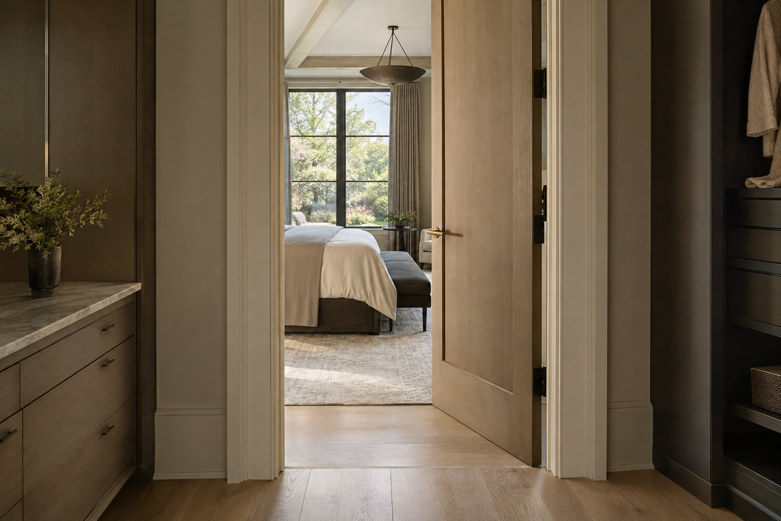 A partially open white oak interior door with a brass lever connects a dressing area to a softly daylit bedroom.