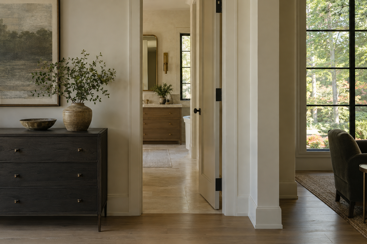 Painted flat-profile door casing meets a simple baseboard above white oak flooring, with soft daylight revealing the joints and wall finish.