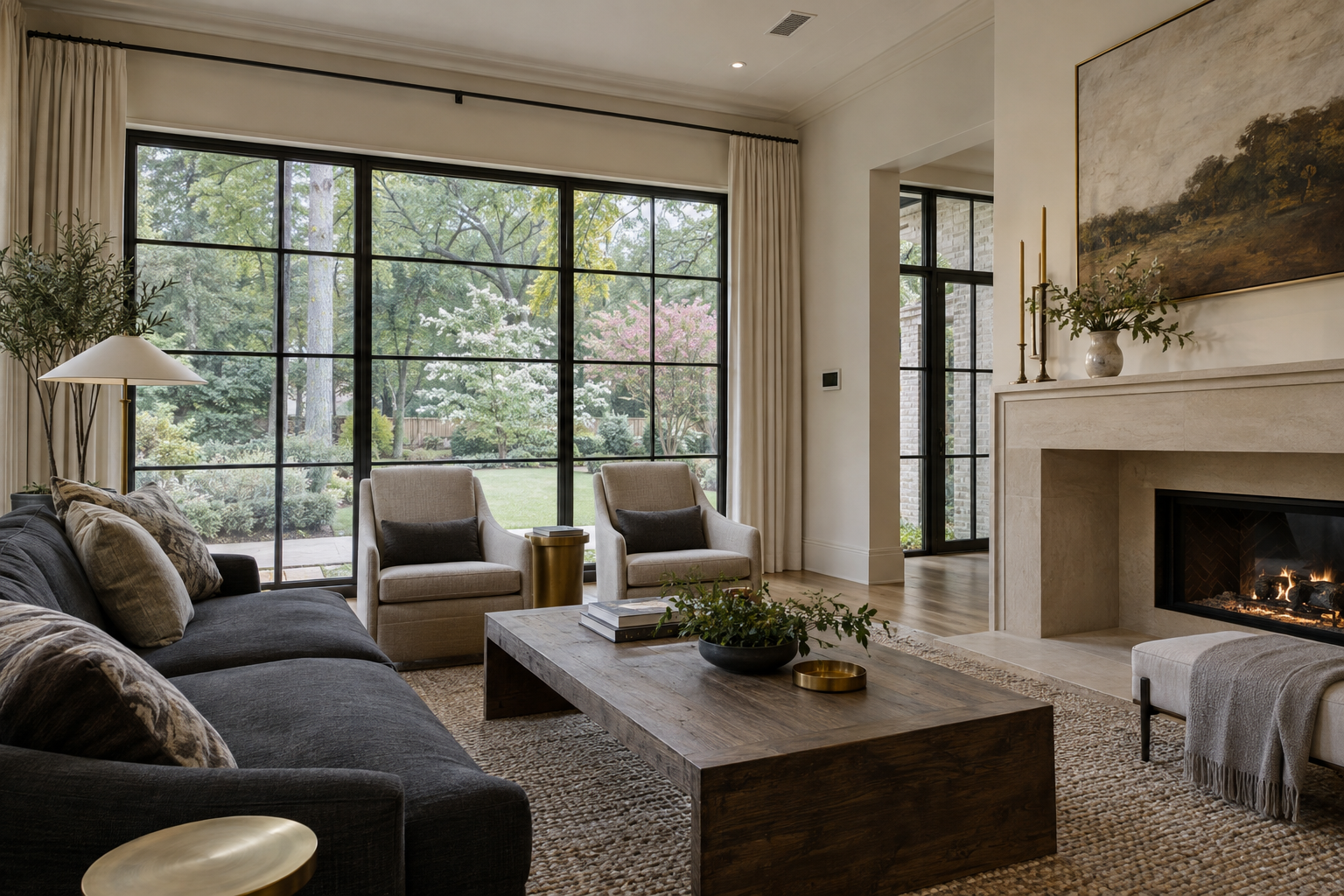 A living room with white oak floors, a limestone fireplace, a discreet wall control and windows overlooking a lawn and mature trees.