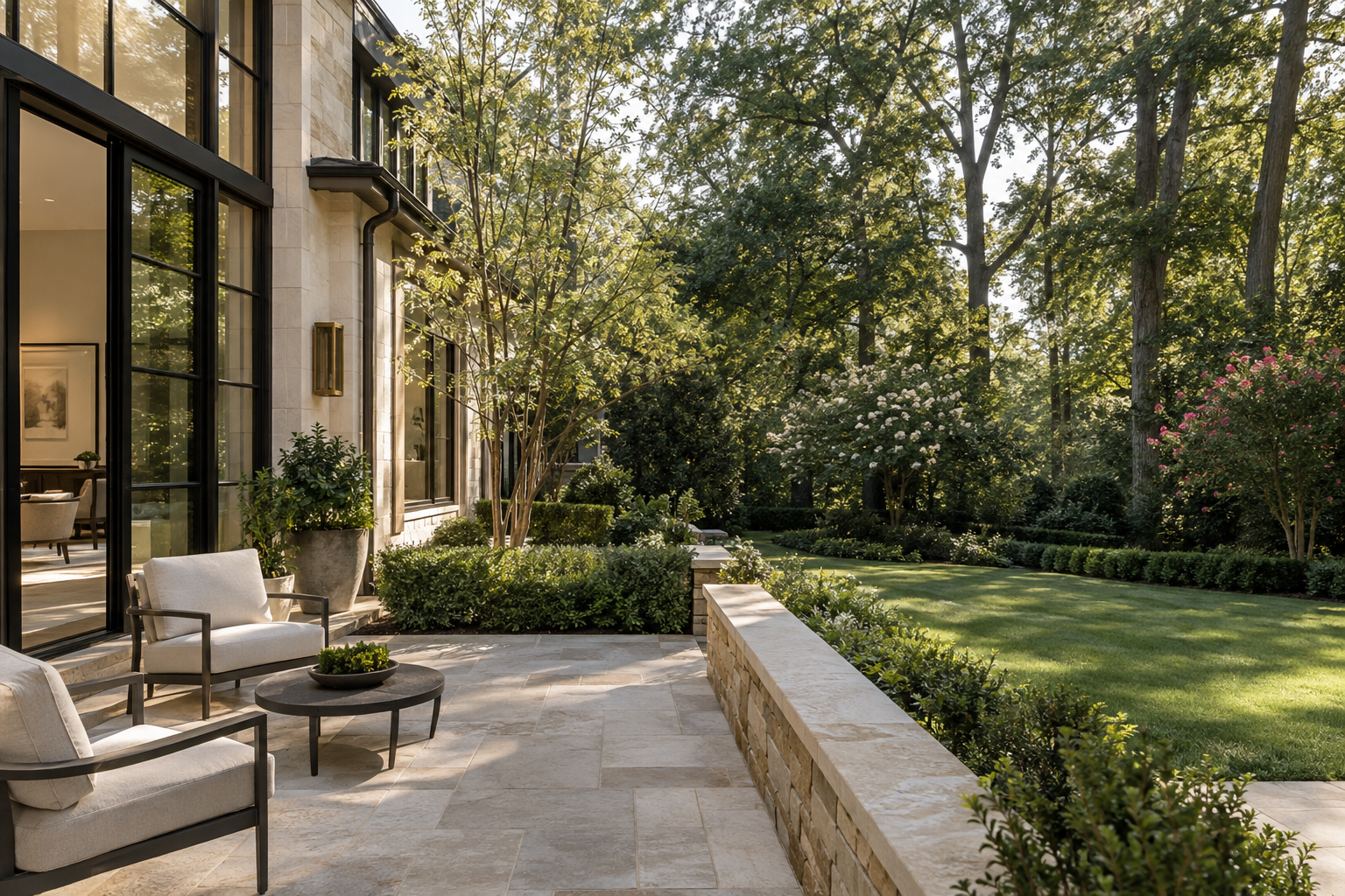 A limestone terrace beside a residence overlooks layered evergreen screening, dogwoods and a fescue lawn beneath mature hardwoods and loblolly pines.