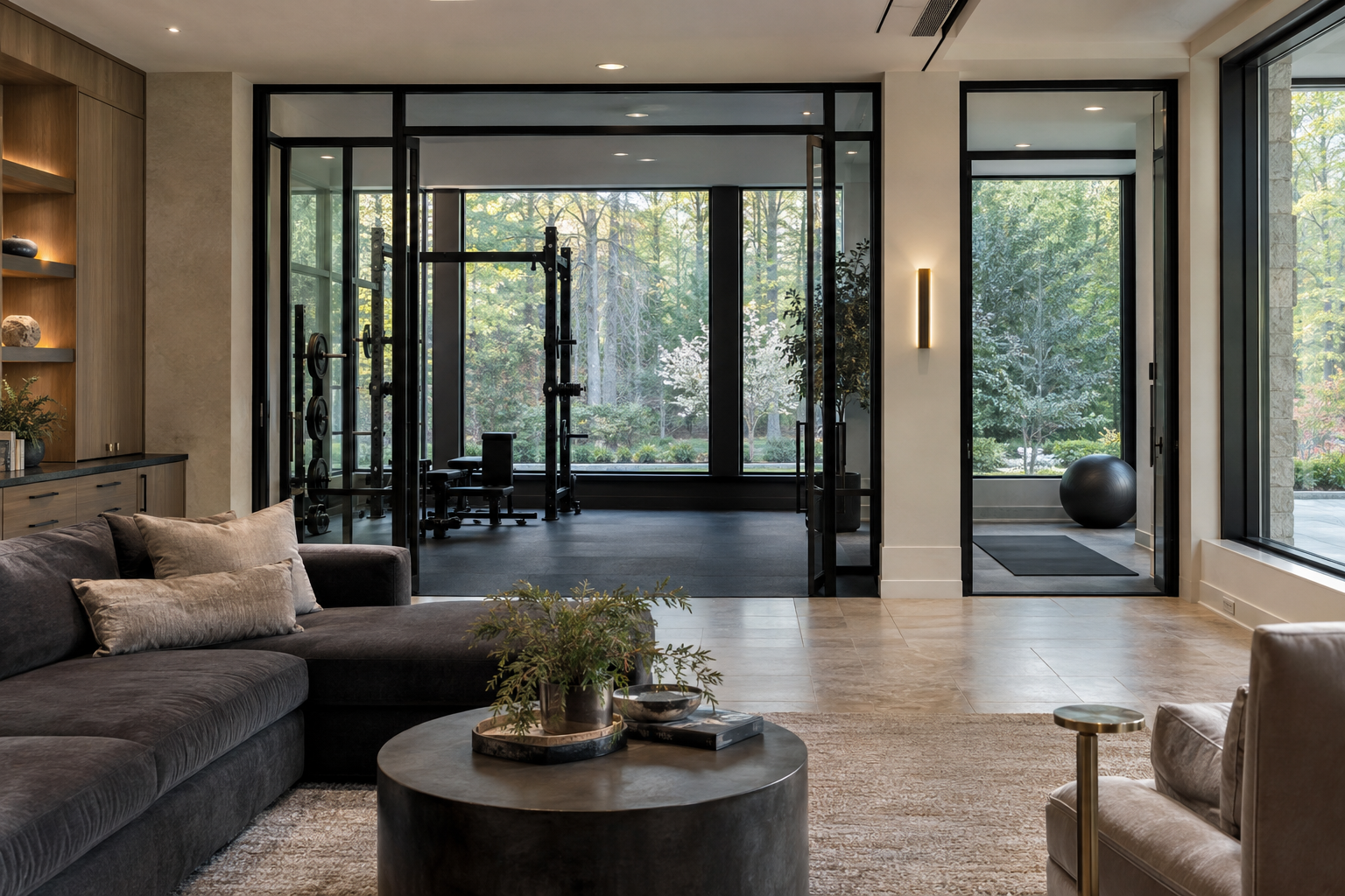 A daylit lower-level lounge with white oak cabinetry and charcoal seating connects to a glass-enclosed gym and a quiet stretching alcove.