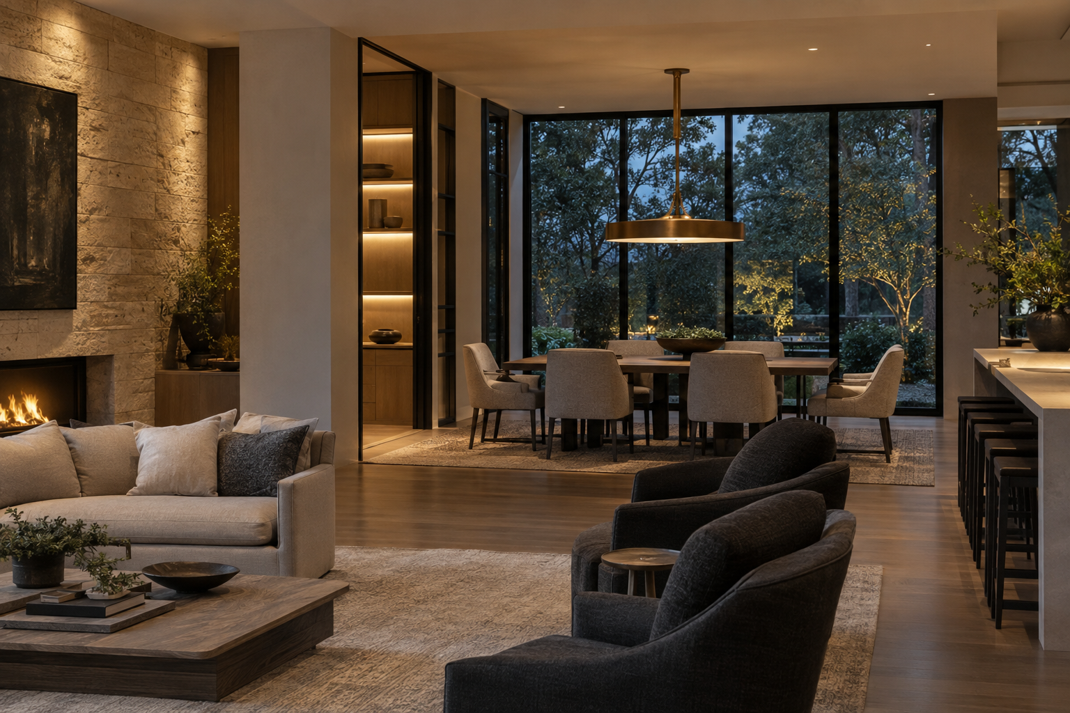Layered lighting illuminates limestone walls, white oak cabinetry and a brass dining pendant in a living and dining space overlooking trees at dusk.