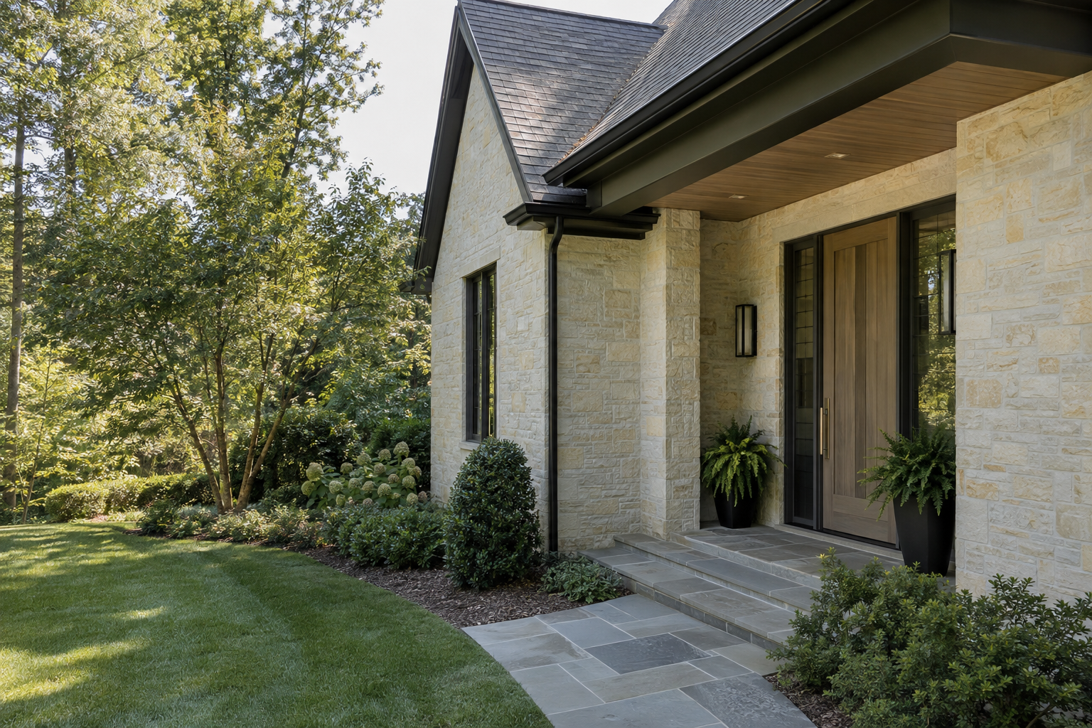 A limestone residence with a sheltered white oak entry, visible gutters and downspout, and a gently sloping lawn framed by Piedmont trees.