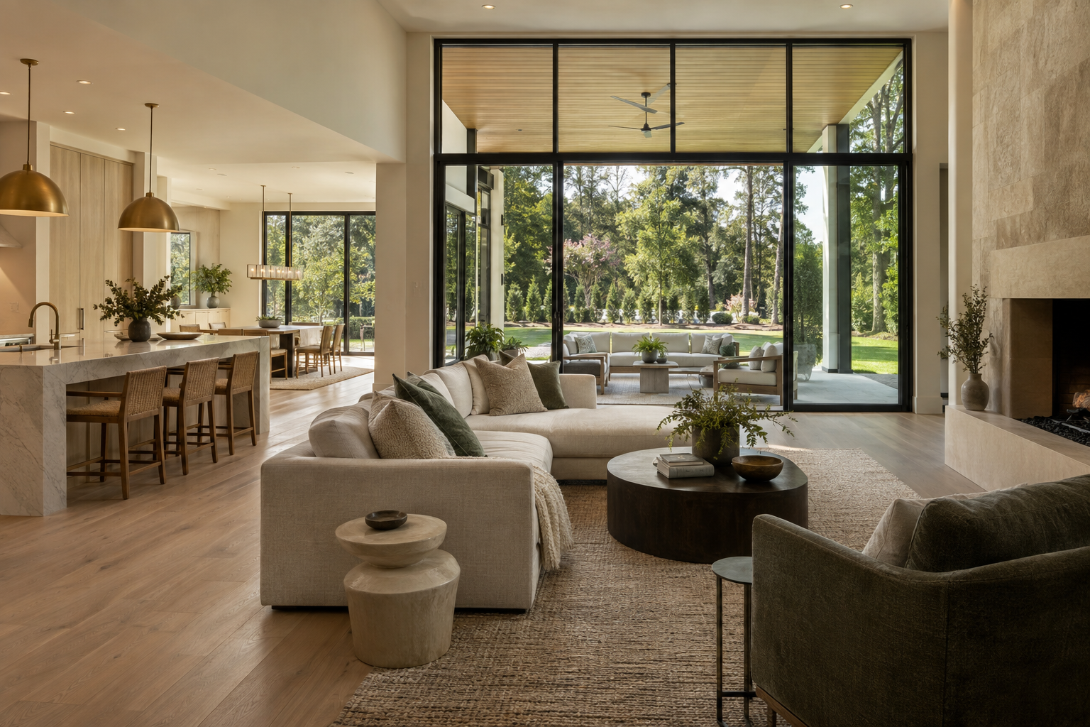 Daylight crosses white oak floors in a living room with a limestone fireplace, opening toward a kitchen and a covered terrace overlooking Piedmont trees.