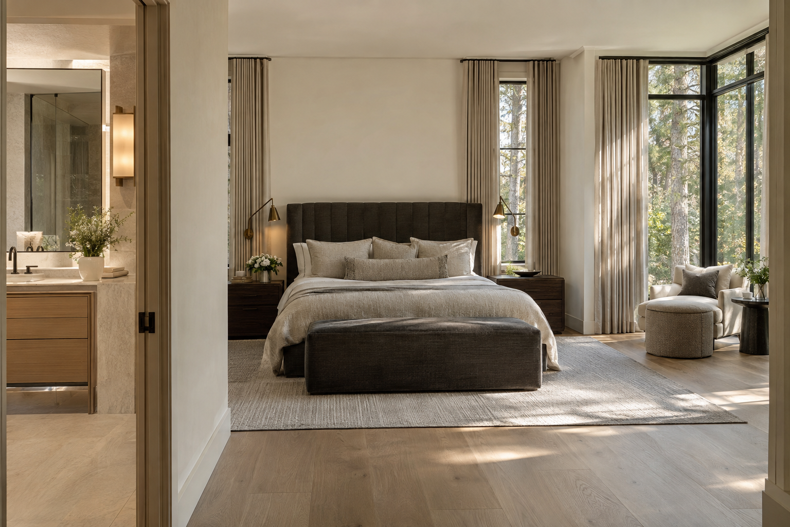 A primary suite with white oak floors, an upholstered bed, a window-side reading alcove and an adjoining limestone bath overlooks a tree-lined lawn.