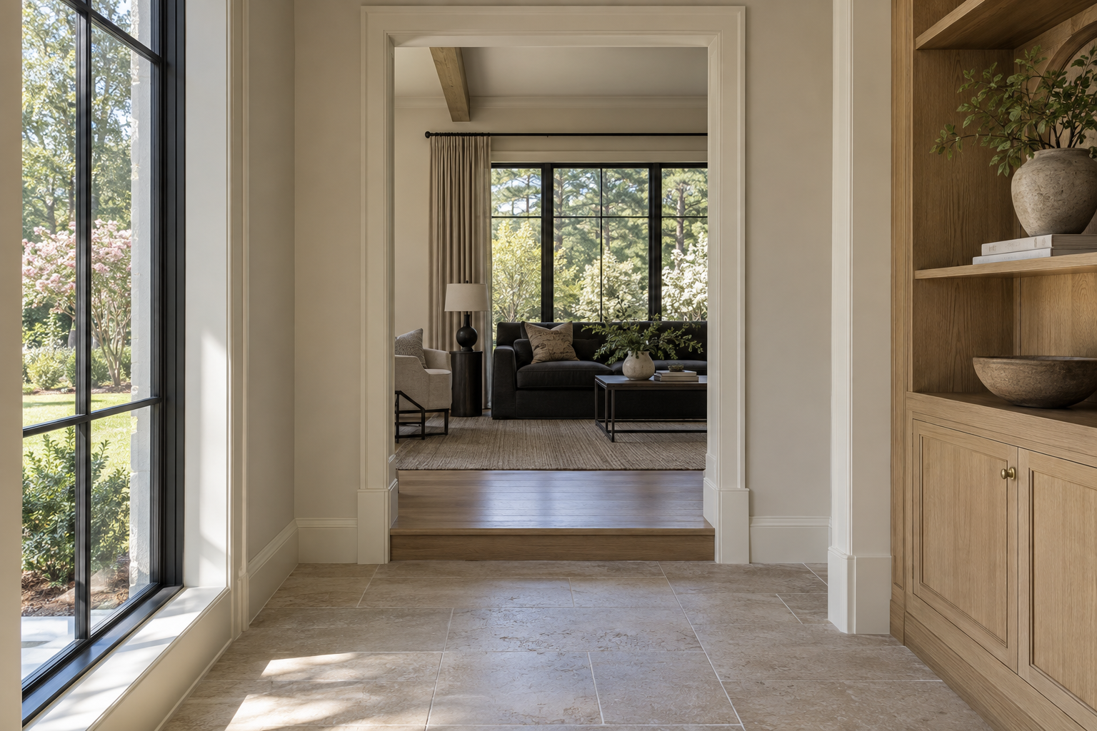 Sunlight grazes restrained painted door casings and baseboards in a limestone-floored passage beside white oak cabinetry.