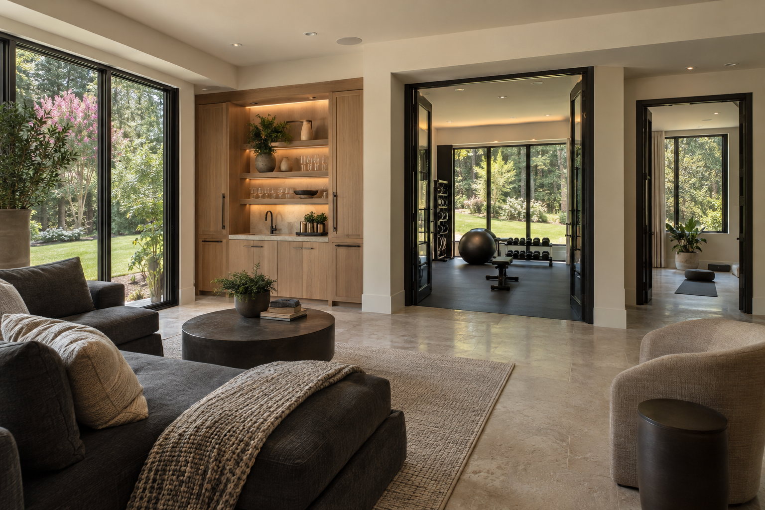 A daylight-filled lower-level lounge with limestone flooring and white oak cabinetry opens toward a separate exercise room and a leafy garden.