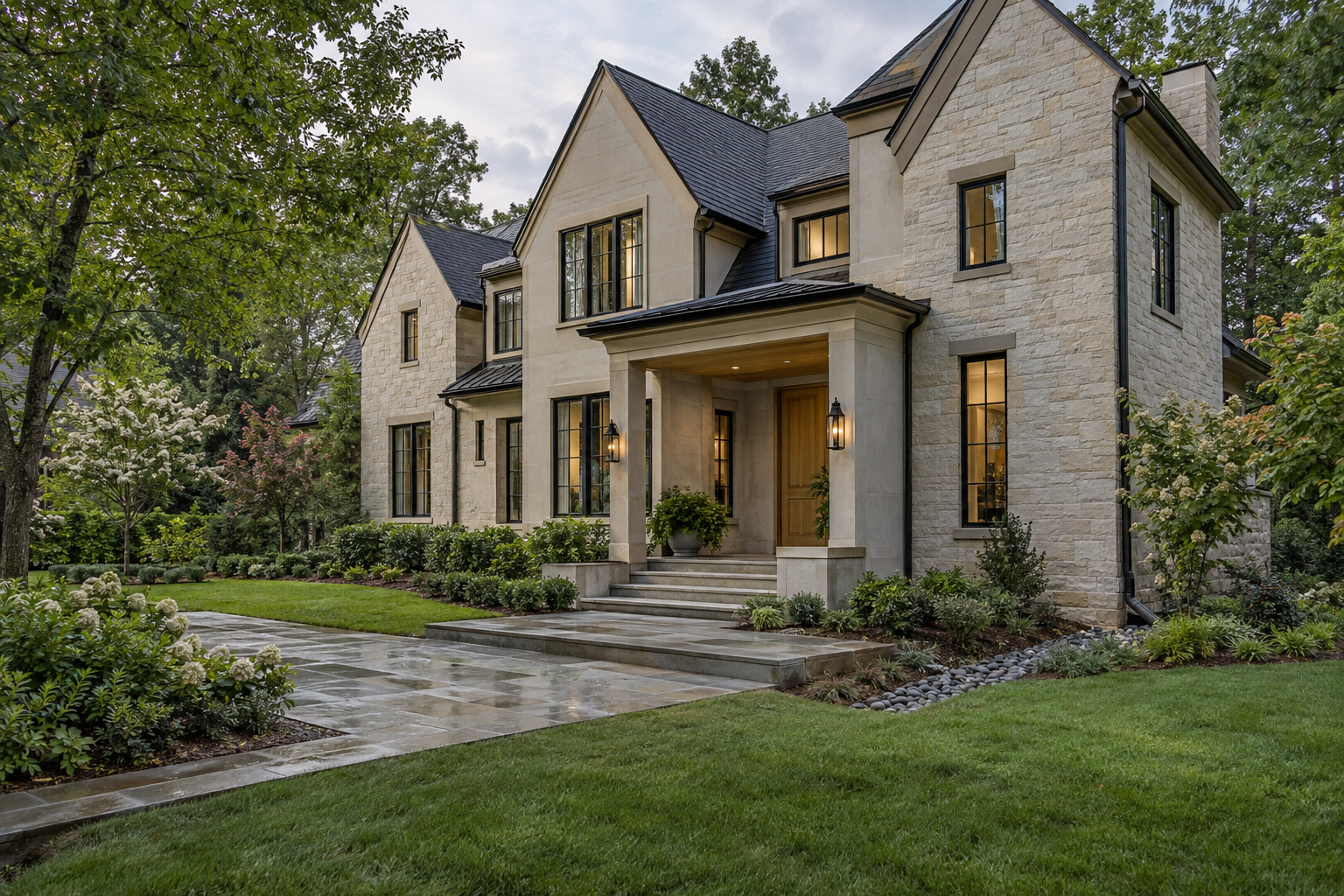 A limestone residence with a covered entry and terrace sits beside gently graded lawns and a planted drainage swale among mature Piedmont trees.