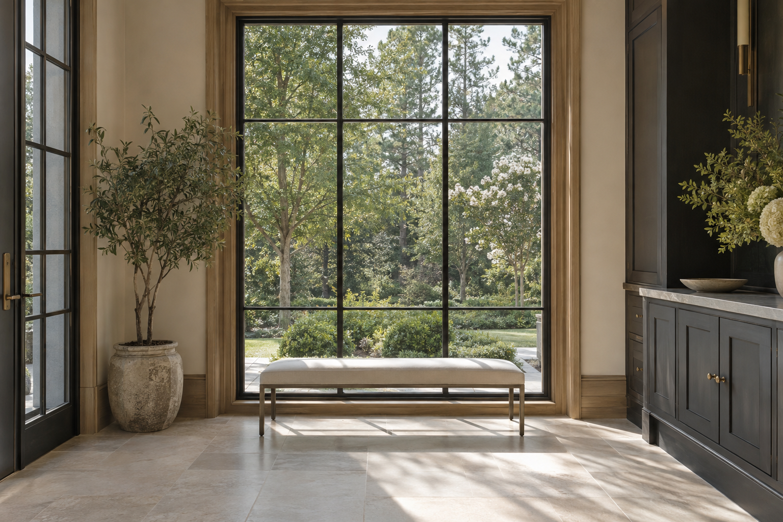 Natural light crosses a limestone floor beside white oak window trim and charcoal cabinetry, with a lawn and mature Piedmont trees visible outside.