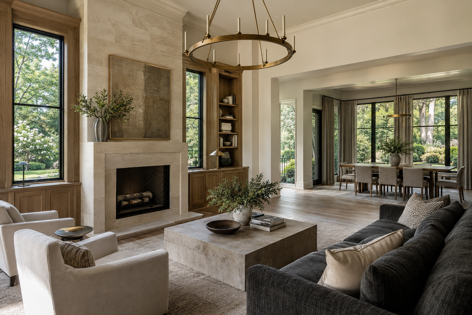 A living and dining interior combines a limestone fireplace, white oak cabinetry, dark window frames and muted brass lighting overlooking a tree-lined lawn.