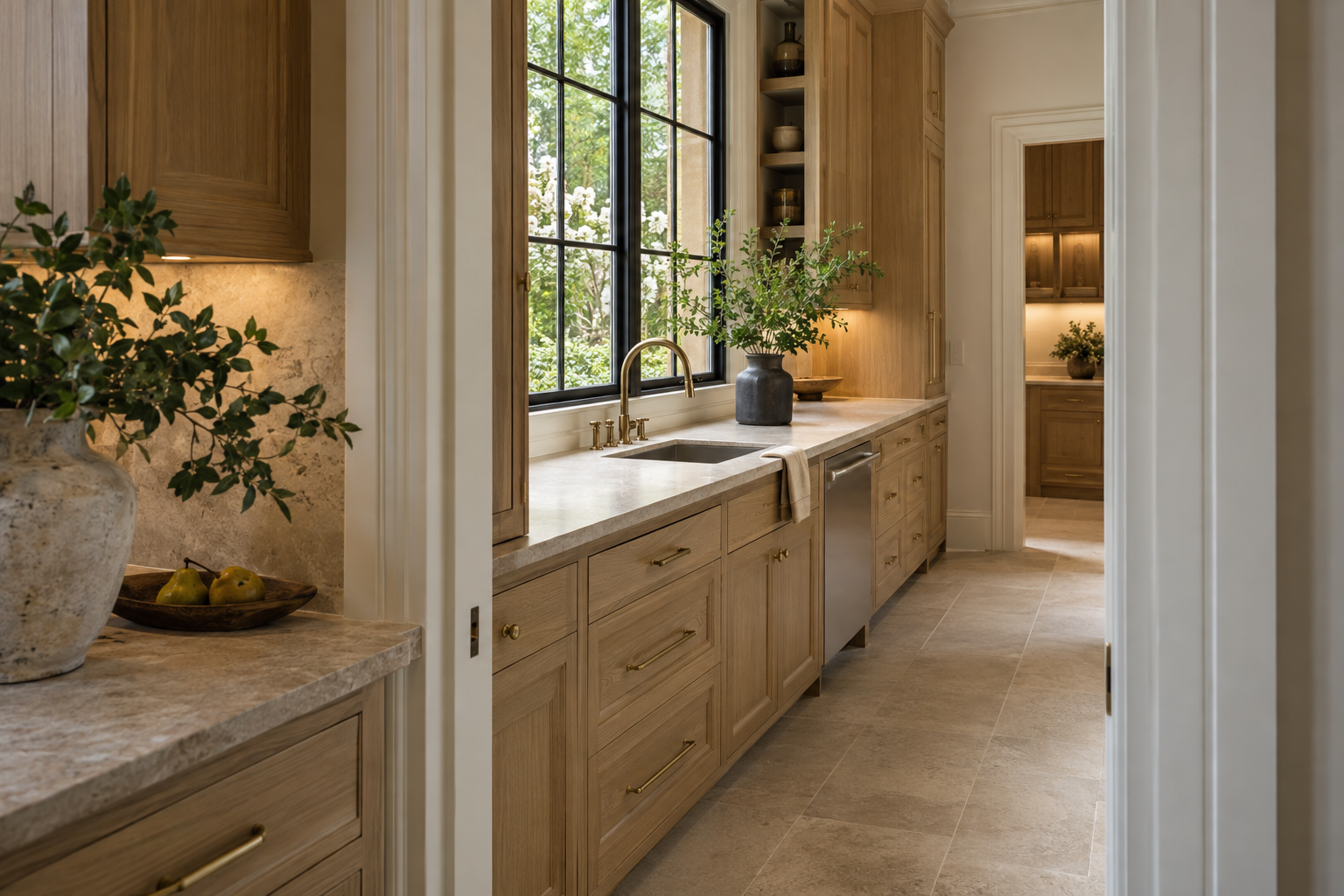 A white oak scullery with a sink, pale preparation counters, and a garden-facing window is visible through an offset doorway from the main kitchen.