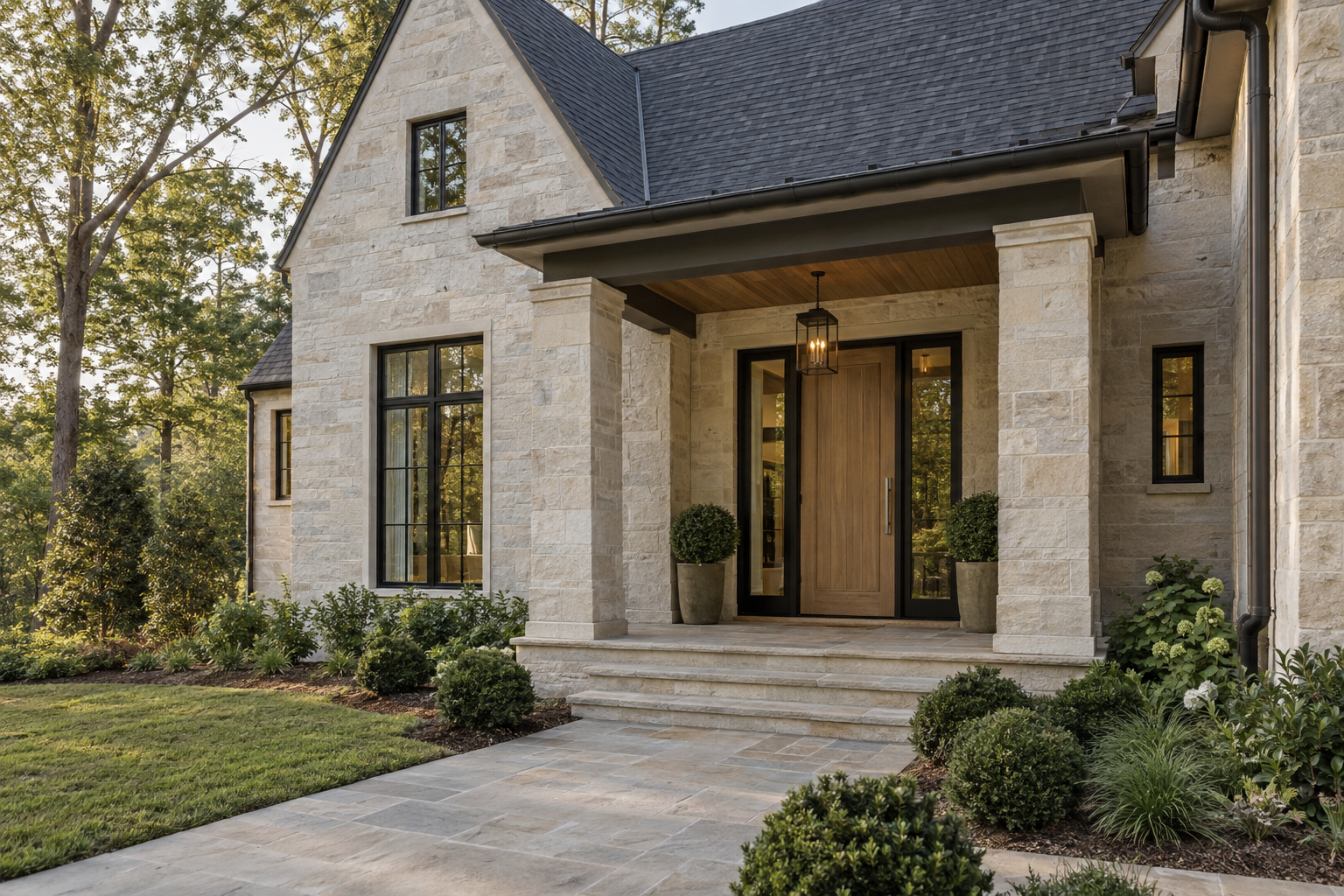 A limestone residence with a sheltered oak entrance, dark window frames and visible gutters stands beside gently graded planting beds and a fescue lawn.