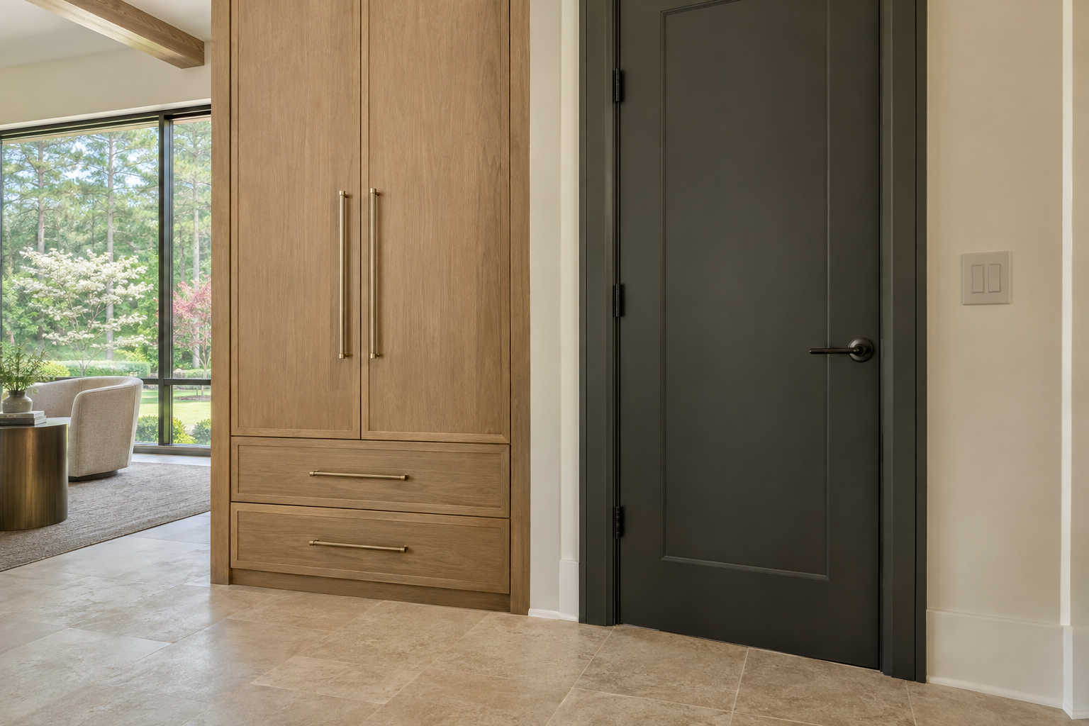 White oak cabinetry with muted brass pulls stands beside a charcoal door with a blackened metal lever and a wall-colored switch plate above limestone flooring.