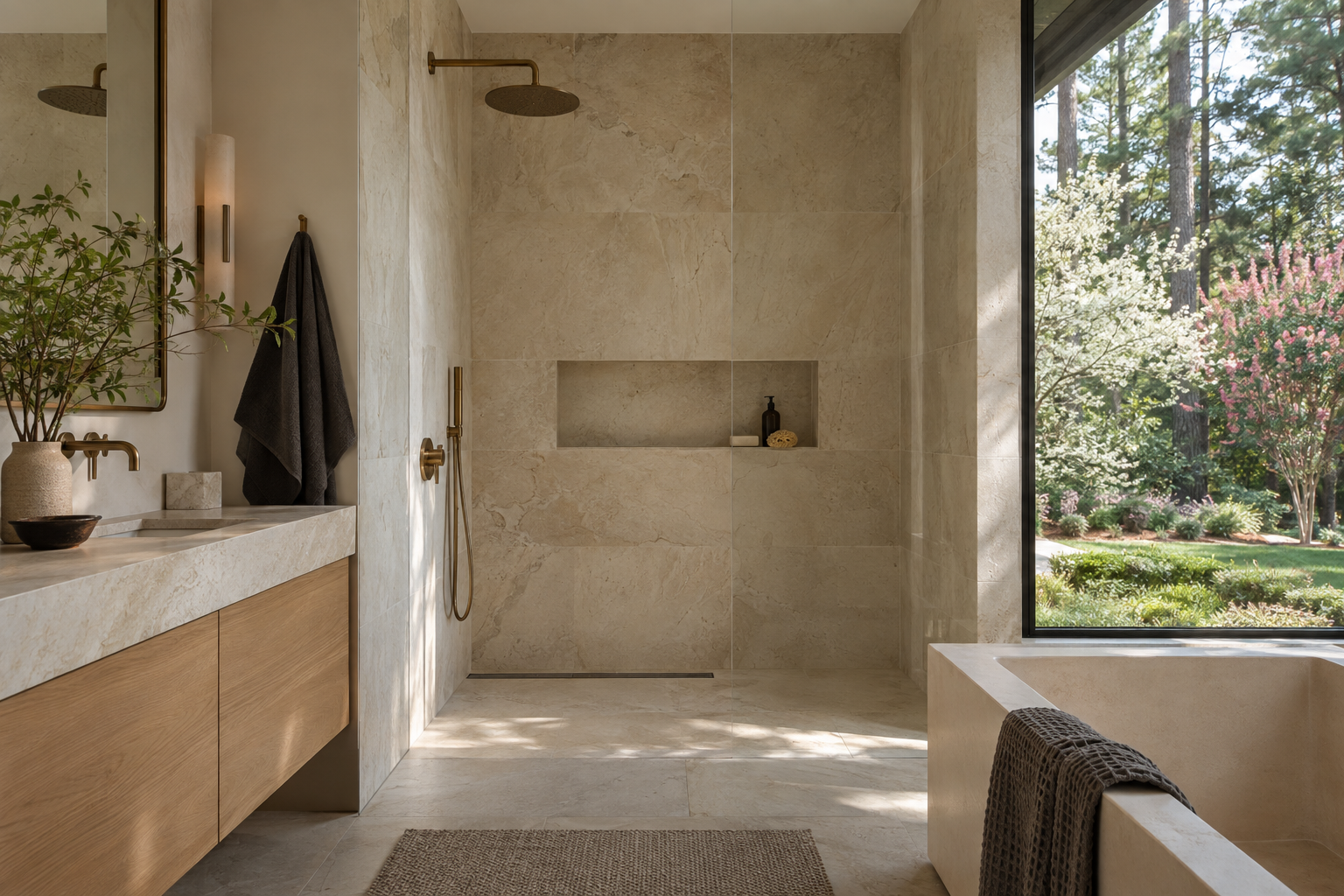 A limestone bathroom features a recessed shower niche, white oak vanity and muted brass fittings beside a window overlooking mature trees.