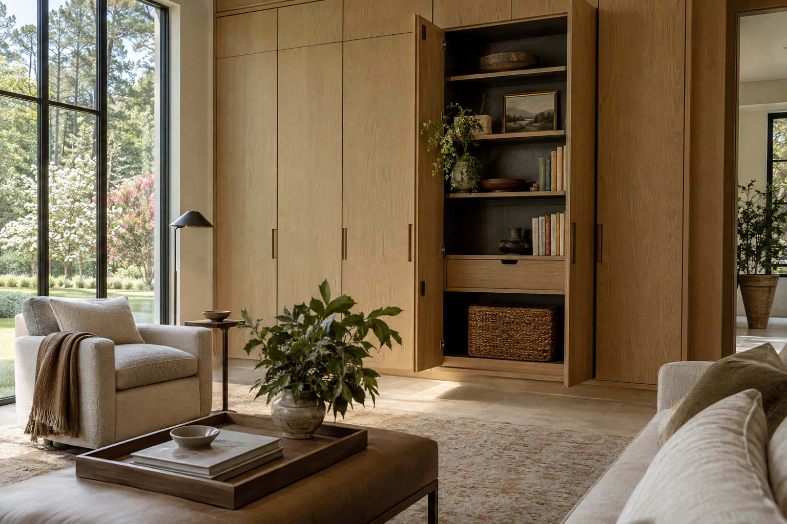 A white oak storage wall with an open cabinet and fitted drawer stands beside a window overlooking a lawn and mature trees.