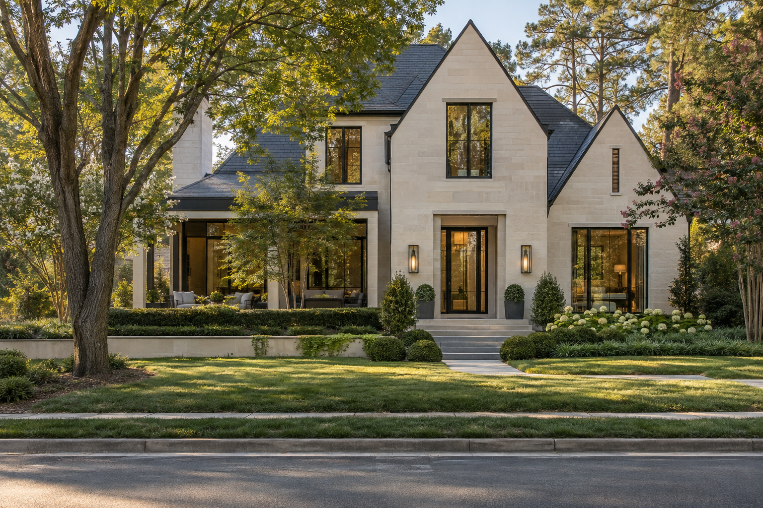 A limestone residence with a sheltered terrace and charcoal roof sits among mature trees and fescue lawn in soft Southern afternoon light.