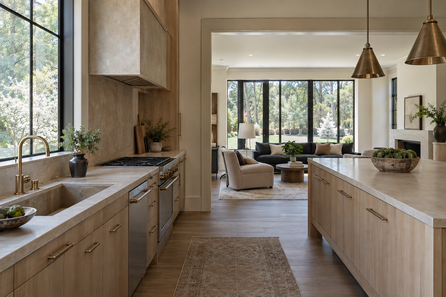 A white oak kitchen with limestone surfaces, muted brass hardware and black-framed windows opens into a living room overlooking a tree-lined lawn.