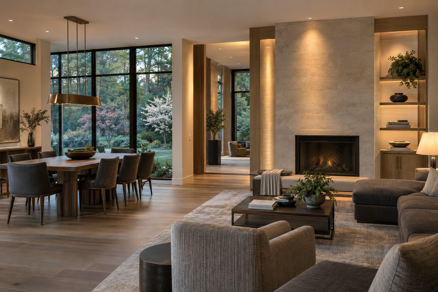 A living and dining interior combines recessed lighting, illuminated shelves, a brass pendant, and a reading lamp beside windows overlooking trees and lawn.